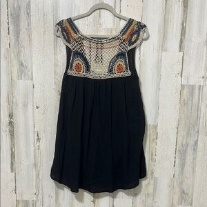 Contemporary Casuals Crochet Top Black and Orange Graphic Embellished Mini Dress